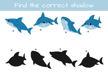Find correct shadow. Kids educational logic game. Cute funny shark. Vector illustration isolated on white background.