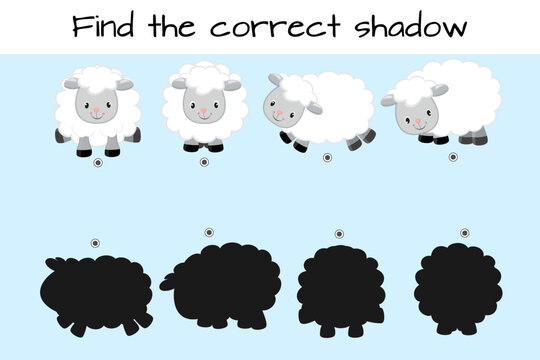 Find correct shadow. Kids educational logic game. Cute funny sheep. Vector illustration isolated on white background.