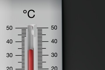 Thermometer showing very high temperature, hot. The concept of hot weather, summer, climate warming. 3D render, 3D illustration.