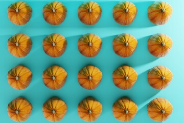 Top view of a pattern created with pumpkins on a blue background. Concept for background and buying, eating pumpkin. 3D render, 3D illustration.