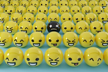Set of different emoticons. Social media concept, using emoticons among internet users. Emoji in use. Various facial expressions and emoticons. 3D render, 3d Illustration.