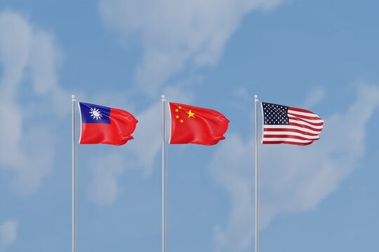 Taiwan, China and USA flag on sky background. Conflict with China concept, United States supporting Taiwan. Threats of war with China. 3D render, 3D illustration.