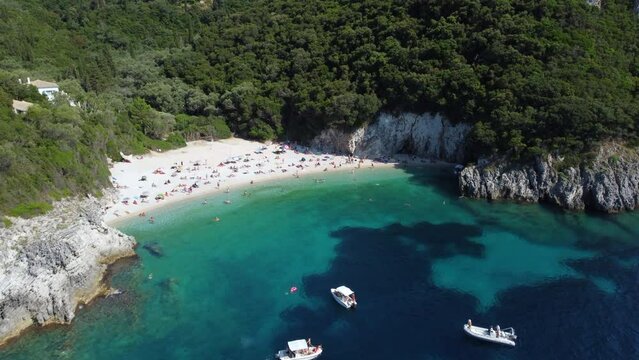 Aerial of Rovinia Beach in Liapades Corfu Greece