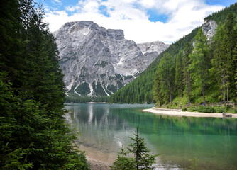 Fototapeta na wymiar Stunning view of Braies Lake in Dolomites