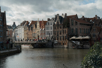 Fototapeta na wymiar cityscape on the canal. Ghent, Belgium.