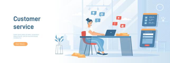 Customer service, Problem solving, Client support. Operator answer for clients calling. Flat concept great for social media promotional material. Website banner on white background.