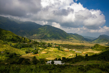Fototapeta na wymiar rice paddy field Vietnam in Ha Giang mountains in background