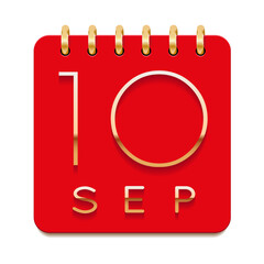 10 day of the month. September. Luxury calendar daily icon. Date day week Sunday, Monday, Tuesday, Wednesday, Thursday, Friday, Saturday. Gold text. Red paper. Vector illustration.