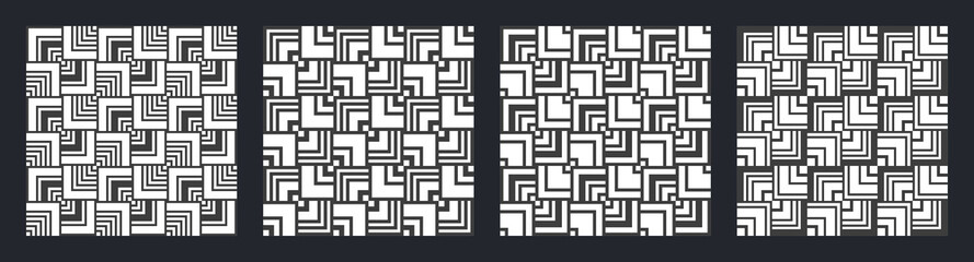Set of four seamless vector patterns. Abstract geometric trendy vector pattern collection. Modern stylish textures, geometric tiles with striped elements. Black and white vector backgrounds.