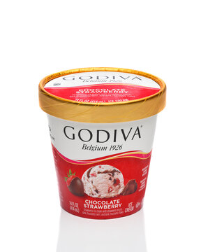 IRVINE, CALIFORNIA - 8 AUG 2022: A 14 ounce carton of Godiva Chocolate Strawberry Ice Cream.