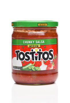 IRVINE, CALIFORNIA - 8 AUG 2022: A 15.5 oz jar of Tostitos Chunky Salsa, medium flavor.