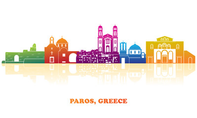 Colourfull Skyline panorama of Paros island, Cyclades, Greece - vector illustration - obrazy, fototapety, plakaty