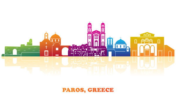 Colourfull Skyline panorama of Paros island, Cyclades, Greece - vector illustration
