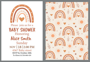 Baby shower invitation card template with coordinated boho rainbow seamless pattern in terracotta, peach and brown   © yasminepatterns