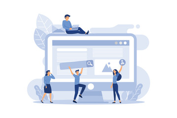 A team of people is developing a website by filling it with functions, concept vector illustration for the development of websites and mobile sites, SEO, mobile applications, business solutions, flat 