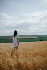 Naklejka na ściany i meble summer. young woman walking in a golden wheat field. High quality photo