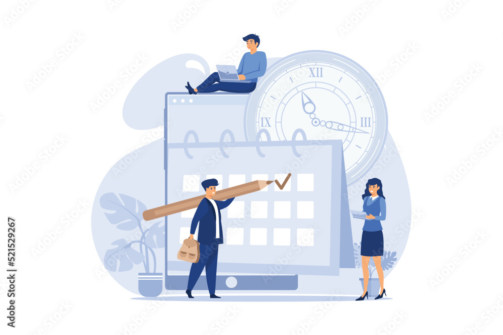 Poster little people characters make an online schedule in the tablet. vector, design business graphics tas