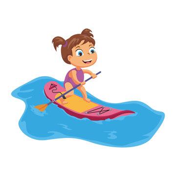 Funny girl riding on sup board. Floating and surfing on boards on waves in summer.