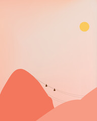 Sunny day in minimalistic illustration showing the Sugar Loaf Mountain in Rio de Janeiro, Brazil. Sunny day with pink mountains and pink sky. Feminine and delicate poster. - obrazy, fototapety, plakaty