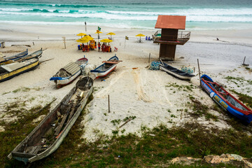 Boats on the Praia Grande beach at Arraial do Cabo town, State of Rio de Janeiro, Brazil. Taken...