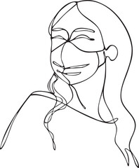 Woman with protective mask looking to the side, continuous line art or one line drawing, white background