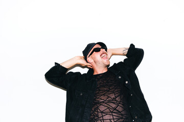 Model In Black Outfit Posing On Isolate Background Screaming