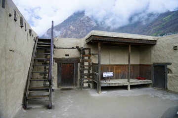Way to Baltit Fort's rooftop, a wooden staircase, with wooden architecture. This fort was restored by Agha Khan Foundation.
