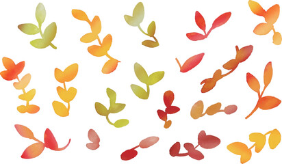 水彩画。水彩タッチの秋カラーベクターイラスト。落書きタッチの草木あしらい素材セット。Watercolor painting. Vector illustration of autumn color with watercolor touch. Set of graffiti touch plants and trees.