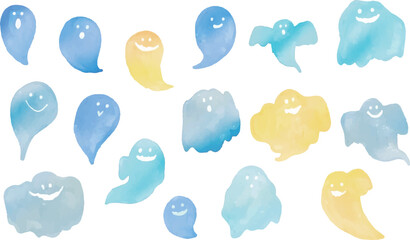 水彩画。水彩タッチのハロウィンお化けベクターイラスト。ベクターお化けセット。Watercolor. Halloween ghost vector illustration with watercolor touch. Vector ghost set. © necomammma