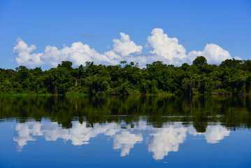Obraz na płótnie Canvas Cloud and rainforest reflections on the Guaporé - Itenez river near Remanso village, Beni Department, Bolivia, on the border with Rondonia state, Brazil