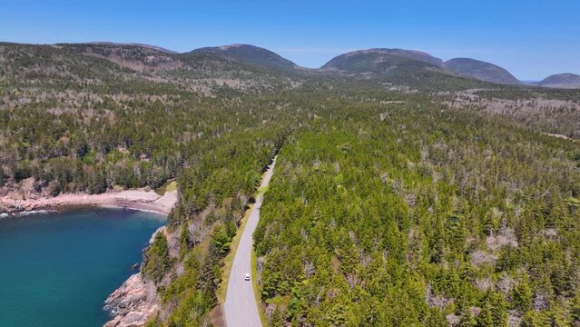 Acadia National Park aerial view including Cadillac Mountain, Hunters Beach Cove and Park Loop Road, Mt Desert Island, Maine ME, USA.  