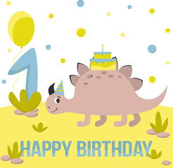 Happy Birthday greeting cards with cute dinozaurs. Design for card of birthday, first birthday, party invitation, scrapbooking. Vector illustration.