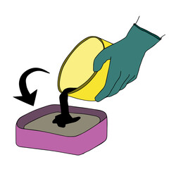 Making soap by hand. Production of homemade soap. Process. Manual pouring of soap into the mold. For beauty salon, bathroom or spa, website, blog. Vector illustration.