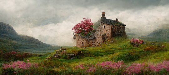 Imaginative Scottish stone wall cottage and enchanted dreamy surrealism. Scenic imaginative highland mountain and hills, colorful wild flowers and gorgeous puffy clouds with hazy fog. - obrazy, fototapety, plakaty