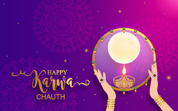 Happy Karwa Chauth festival card with gold patterned and crystals on paper color Background.
