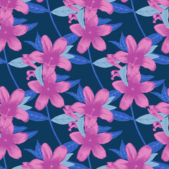 Seamless vector pattern with pink jasmine, blue leaves, and dark blue background.