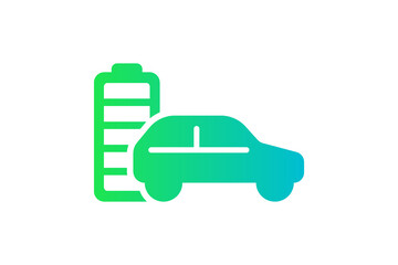 Electric car with fully charged battery energy indicator green gradient icon. Electrical transportation accumulator charger symbol. Full charging electro power auto. Eco friendly vehicle recharge sign