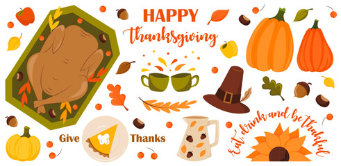 Happy Thanksgiving. Set of isolated vector illustrations, stickers for card, poster, flyer, web, print. Autumn Elements.