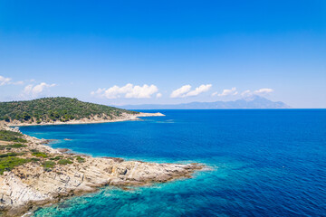 ascending view of Paralia beach, Greece. perfect destination for summer. High quality photo