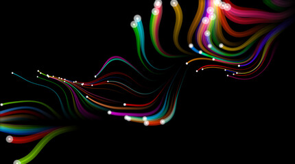 Multicolored flowing particles on black background. Illustration.