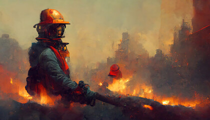 Firefighter in fire suit, surrounded by flames