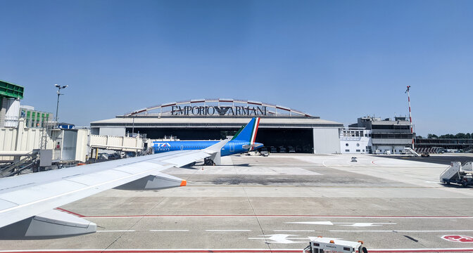 LINATE AIRPORT, ITALY - CIRCA JUNE 2022: Emporio Armani iconic hangar located in Linate Airport, the second largest hub of Milan, Northern Italy