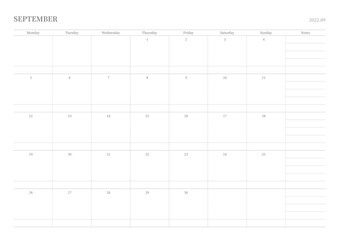 September 2022 simple design digital and printable calendar template illustration. Notes, scheduler, diary, calendar, memo, planner document template background. 