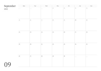 September 2022 simple design digital and printable calendar template illustration. Notes, scheduler, diary, calendar, memo, planner document template background. 