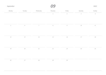 September 2022 simple design digital and printable calendar template illustration. Notes, scheduler, diary, calendar, memo, planner document template background. 