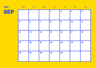 September 2022 simple design digital and printable calendar template illustration. Notes, scheduler, diary, calendar, memo, planner document template background. 