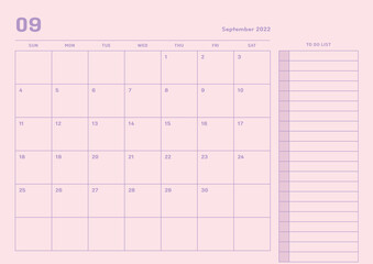 September 2022 simple design digital and printable calendar template illustration. Notes, scheduler, diary, calendar, memo, planner document template background. 