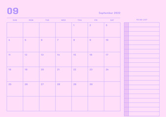 September 2022 simple design digital and printable calendar template illustration. Notes, scheduler, diary, calendar, memo, planner document template background. 