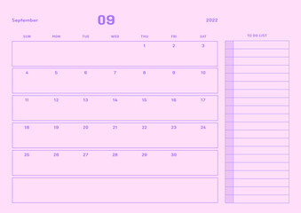 September 2022 simple design digital and printable calendar template illustration. Notes, scheduler, diary, calendar, memo, planner document template background. 