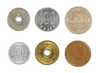 Close up of 6 most commom Japanese Yen Coins